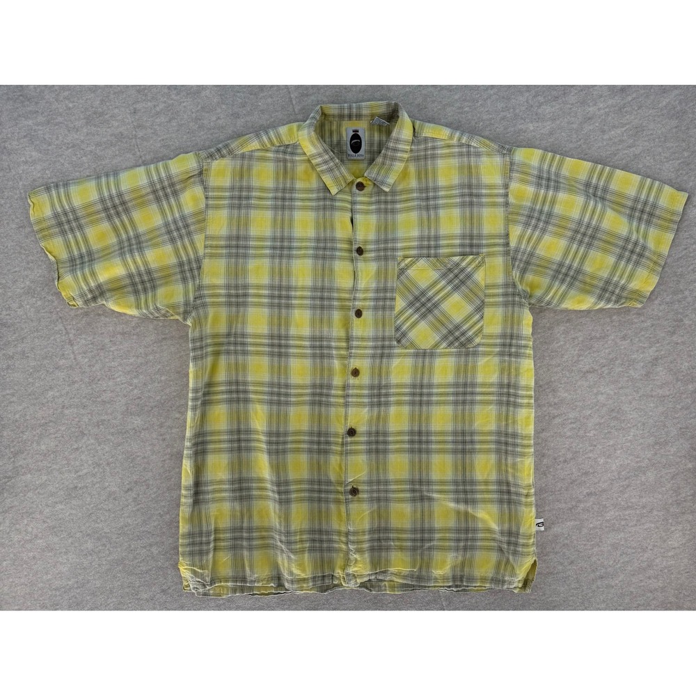 Bugle Boy Mens XL Yellow Grey Plaid Short Sleeve Ramie Cotton Button Down Shirt